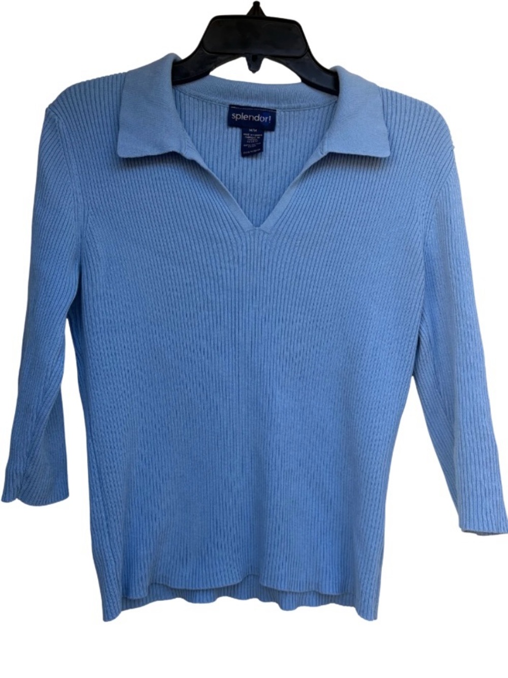Splendor Women's Light Blue Ribbed Collared V-Neck Sweater